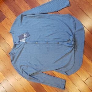 Button up sweater. Gray blue with tie the at front. Women's 2XL